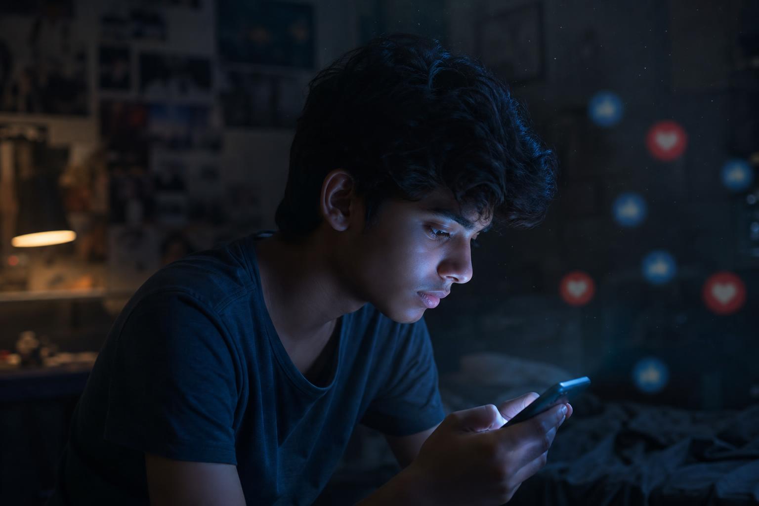 Teen at night with phone glow